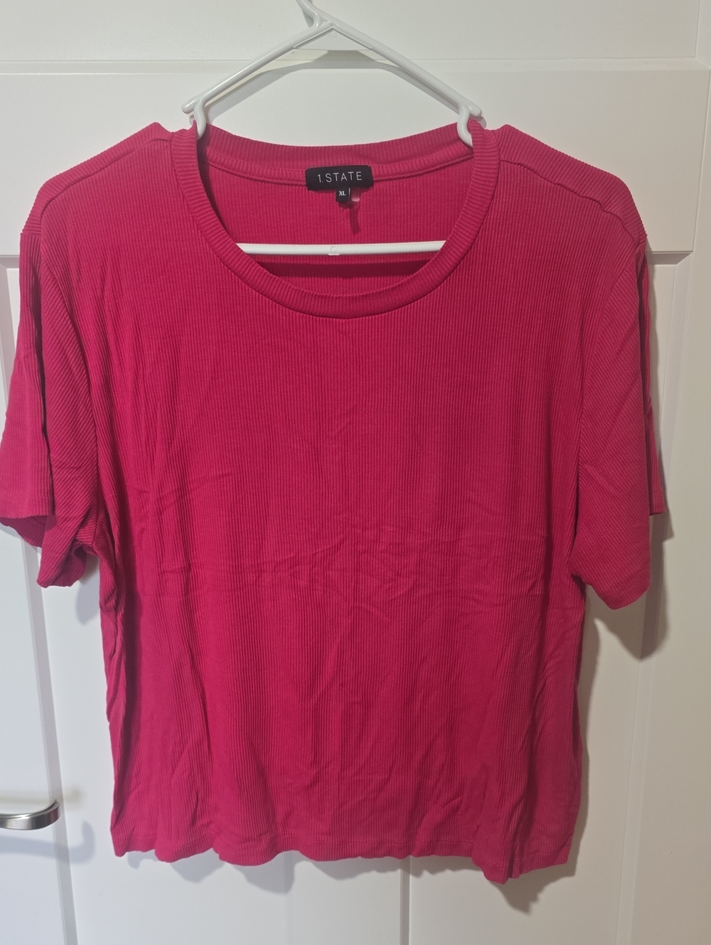 1. State Ribbed Crew Neck Short Sleeve Tee in Hot Pink